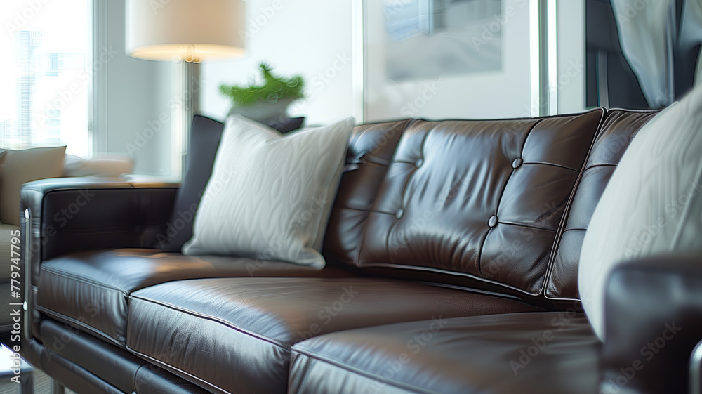 Brown leather sofa in a bright living room Brown leather sofa in a bright living room