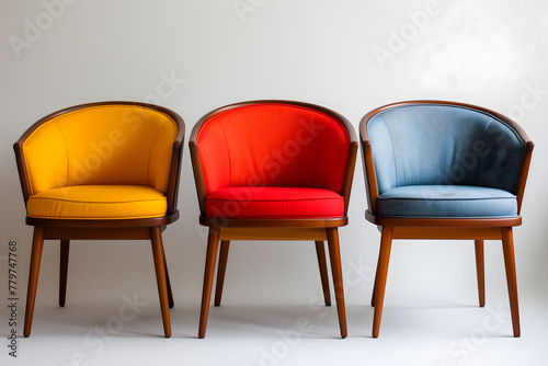 Colored bright chairs on a white background. Retro style minimalism design for advertising, presentations. Copyspace