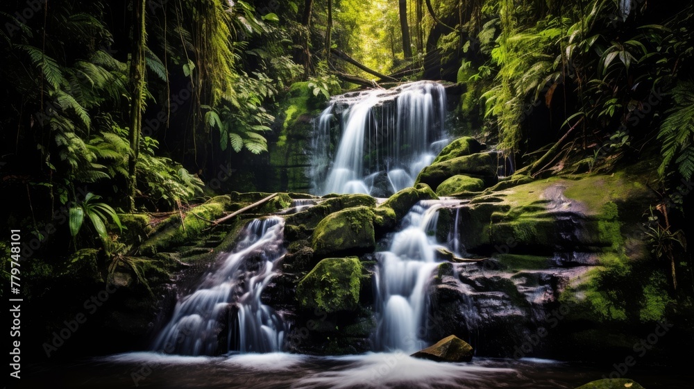 A stunning waterfall flows down a rocky cliff surrounded by green vegetation A stunning waterfall flows down a rocky cliff surrounded by green vegetation