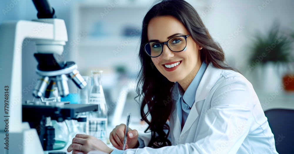 Portrait of a smiling woman in a lab coat, sitting at a desk, looking at the camera.
Portrait of a smiling woman in a lab coat, sitting at a desk, looking at the camera.