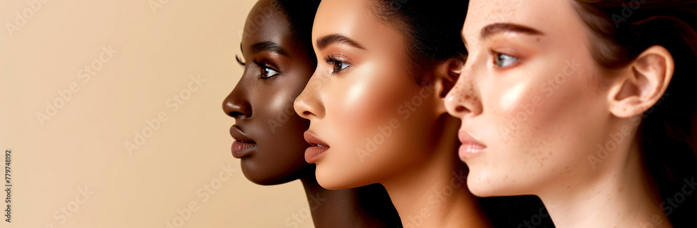 A profile shot of women with different skin tones, all looking towards the right on a neutral beige background. A profile shot of women with different skin tones, all looking towards the right on a neutral beige background.