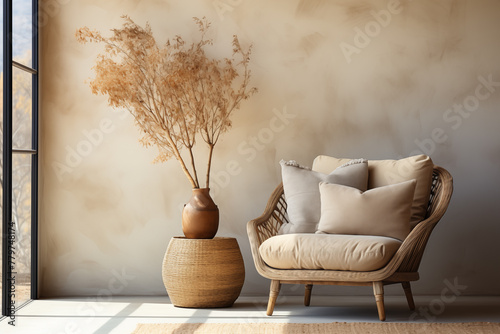 Mockup of a beige room with a modern armchair and a plant pot photo