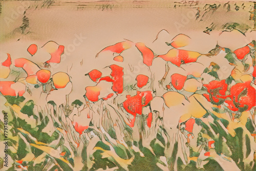 Farbenfrohes Feld mit blühenden Tulpen in Rot, Gelb und Rosa
