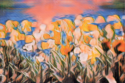 Farbenfrohes Feld mit blühenden Tulpen in Rot, Gelb und Rosa