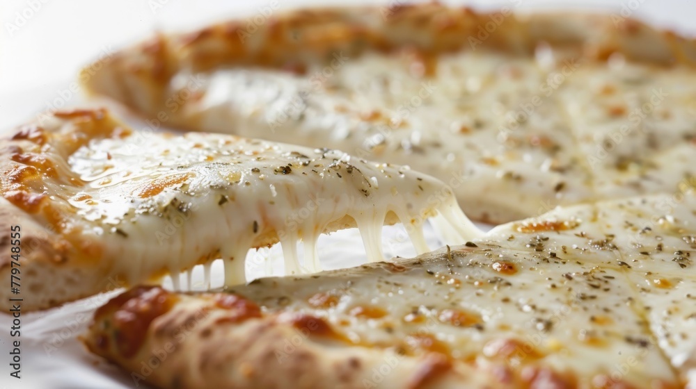 Delicious four cheese pizza close-up with a melting slice