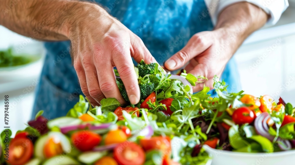 Man preparing a fresh organic salad sprinkling herbs for a healthy meal