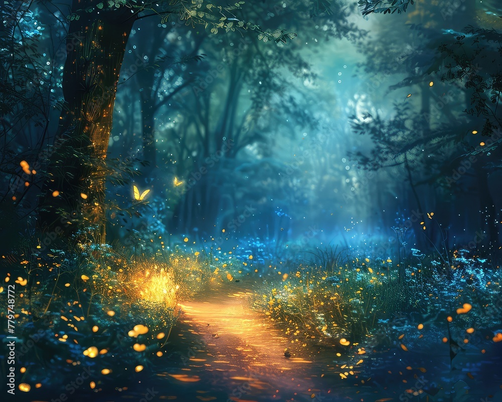 In this mystical digital art piece, a serene path winds through a dark forest, its beauty enhanced by the enchanting glow of fireflies.