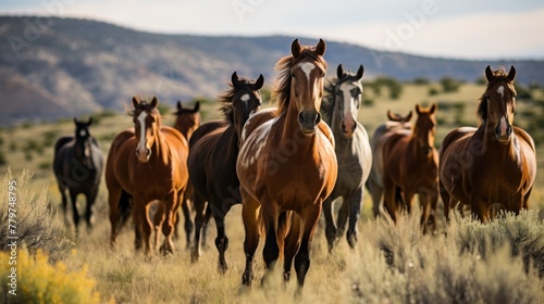 Untamed mustangs roaming in a scenic field © stocksbyrs