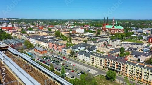 Aerial view of the Railway Station and Church in Czestochowa. Poland Footage 