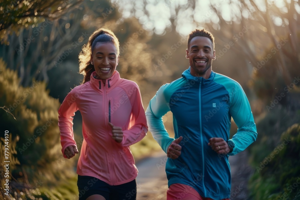 Active young couple jogging together in scenic outdoor setting at sunset