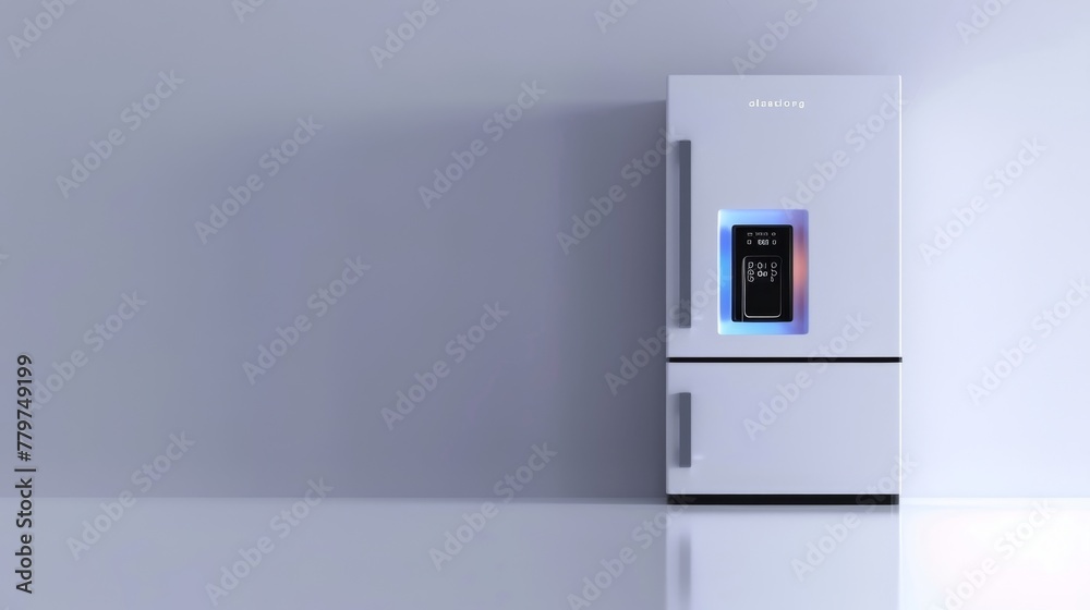 Modern energy-efficient smart refrigerator in a minimalist interior Modern energy-efficient smart refrigerator in a minimalist interior