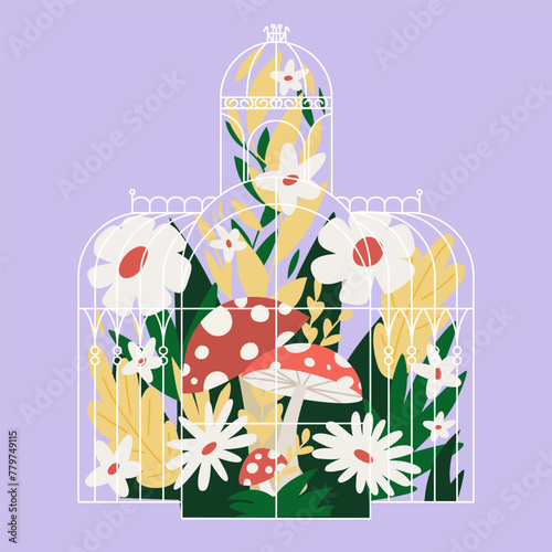 Illustration of a greenhouse with flowers and mushrooms. The concept of a backyard and gardening.