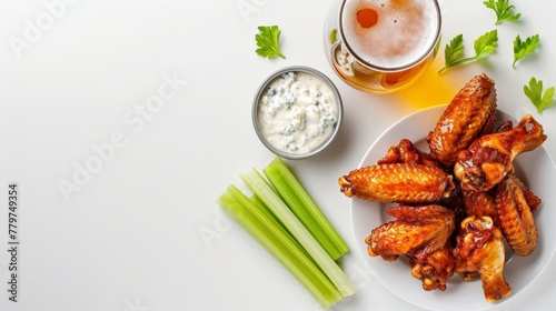 Spicy hot wings with blue cheese dip and celery on a white background