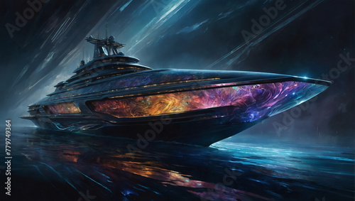 A stygian opulent quantum cruiser drifts through an ethereal sea of swirling colors, its sleek metallic hull gleaming with an otherworldly sheen. photo