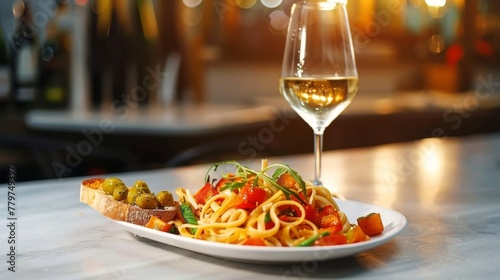 Delicious vegetarian pasta primavera with a side of bruschetta, perfect for a gourmet dinner