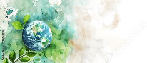 planet earth watercolor illustration with copy space, earth day concept april 22