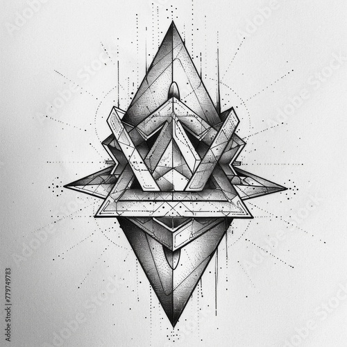 Stylized line art illustration of a three-dimensional polyhedron or crystal tattoo design