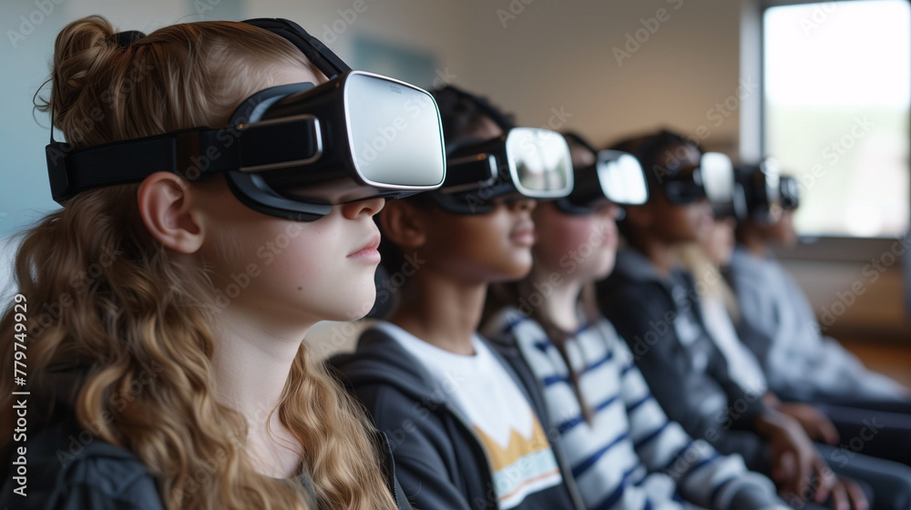 Children Experiencing Virtual Reality in Classroom. Row of focused children wearing VR headsets, possibly engaging in an educational virtual reality experience in a classroom setting.