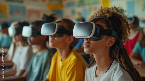 Diverse Students Learning Through Virtual Reality. Diverse group of young students in a brightly colored classroom engaged with VR technology for an interactive learning experience. photo