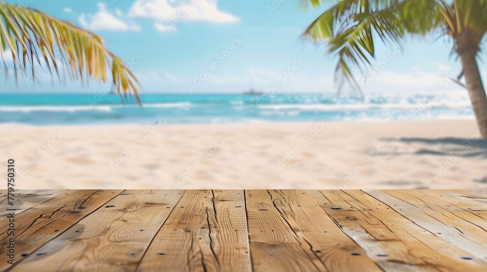 Fototapeta premium wooden table summer beach background, vacation and holiday product concept