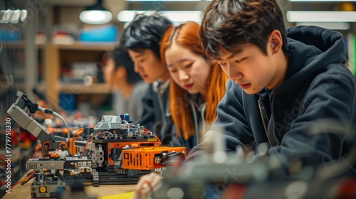 Students Collaborating on Robotics Engineering Project. Group of focused students collaborate on a robotics project, embodying teamwork in technological innovation and engineering education.