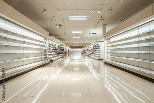 Spacious Retail Space with Reflective Flooring and Empty Racks photo