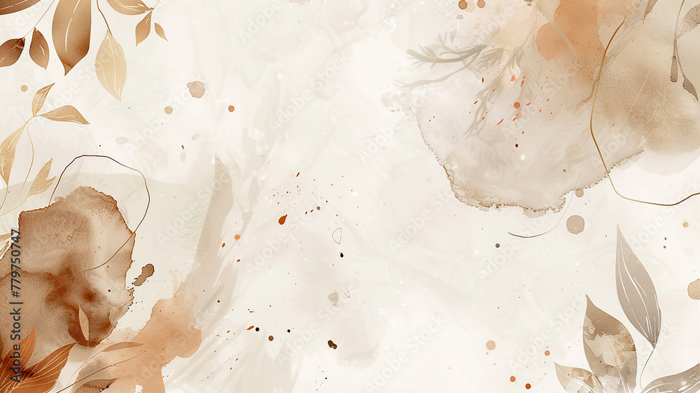 abstract background with watercolor stains and leaves of natural colors, boho style.