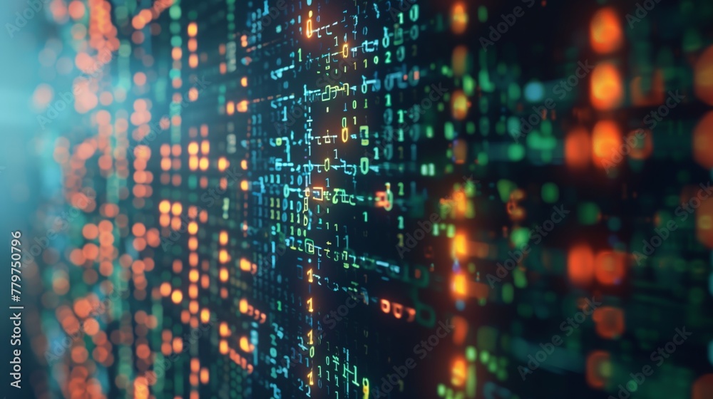 Abstract Data Stream Visualization in Cyberspace. Digital data streams represented in an abstract visualization of blue and orange binary code, symbolizing information flow in cyberspace.