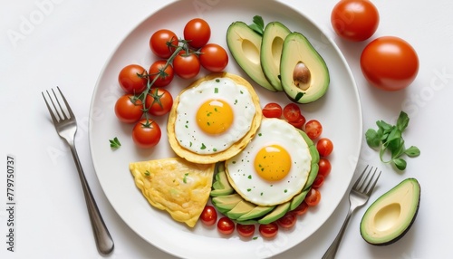 A hearty breakfast setup with sunny side up eggs, avocado slices, tomatoes, and scrambled eggs on a white plate. AI Generation