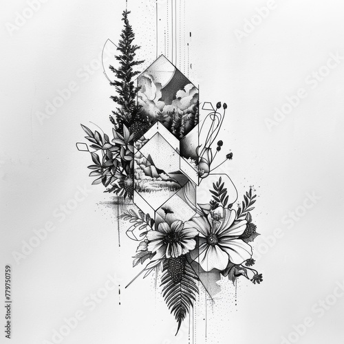 Double exposure style blend of geometric shapes and nature elements tattoo design