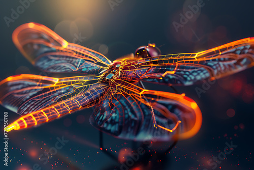 Glowing wireframe visualization of a graceful dragonfly against a translucent backdrop, showcasing intricate beauty and ethereal char