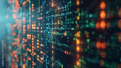 Abstract Data Stream Visualization in Cyberspace. Digital data streams represented in an abstract visualization of blue and orange binary code  symbolizing information flow in cyberspace.