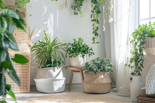 Scandinavian-Style Indoor Plant Setup with Natural Textured Planters