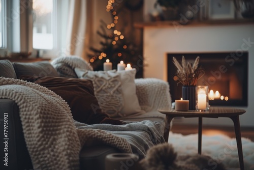 Cozy Hygge Living Room with Warm Lighting and Comfortable Seating