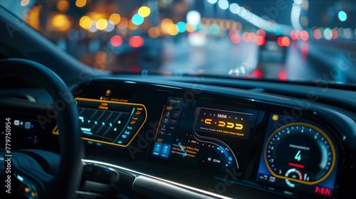 Modern Vehicle Dashboard with Interactive Displays. Modern car dashboard illuminated at night featuring interactive display panels and glowing control interfaces. © Old Man Stocker