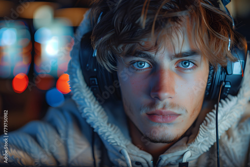 Close-up portrait of a young man with headphones in neon-lit city environment. Focused expression with blue eyes. Technology and modern lifestyle concept with blurred urban background