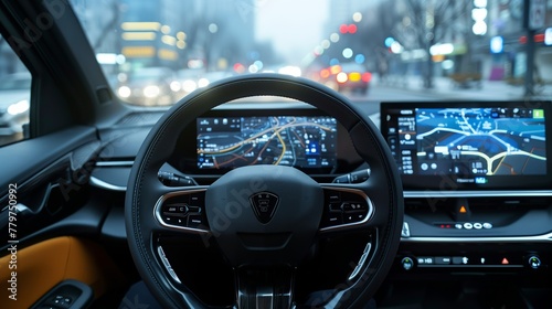 Luxury Car Interior with High-End Navigation System. Luxury vehicle interior showcasing a high-end navigation system on a wide touchscreen dashboard display, enhancing driver experience. photo