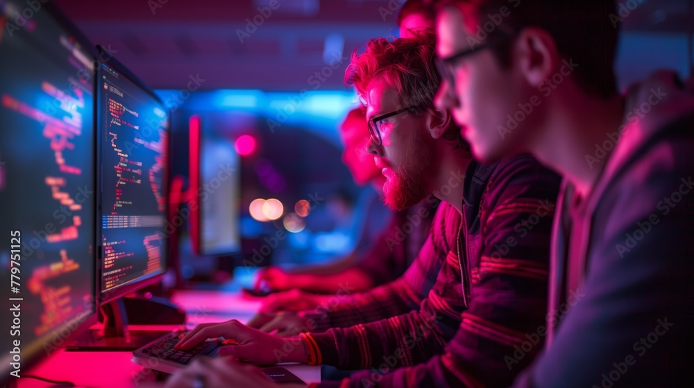 Programmers Working Together at Night. Two programmers focused on coding on their monitors in a dark room illuminated by screen light. Programmers Working Together at Night. Two programmers focused on coding on their monitors in a dark room illuminated by screen light.