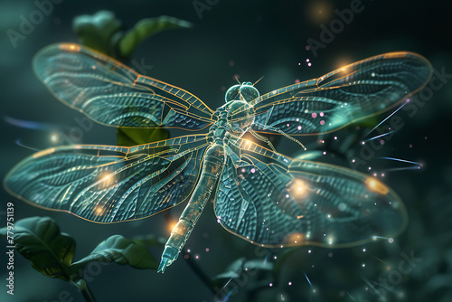 Glowing wireframe visualization of a graceful dragonfly against a translucent backdrop, showcasing intricate beauty and ethereal char