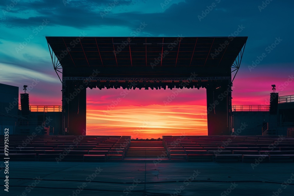 Concert Stage Silhouetted Against a Vibrant Sunset