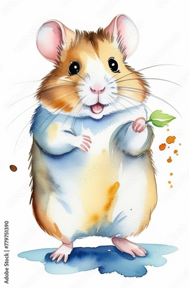 Watercolor cute happy hamster with a sprout, watercolor illustration