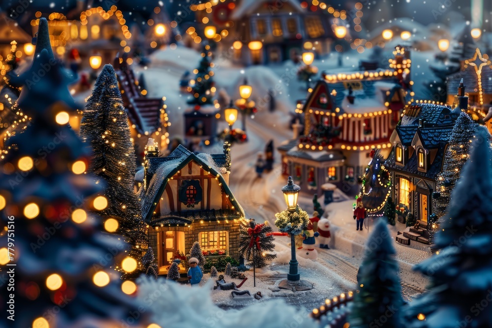 Miniature Snow-Covered Village with Holiday Lights at Dusk