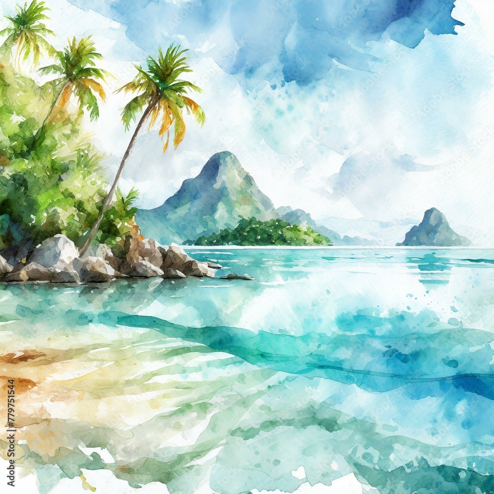 Namalowany krajobraz wyspa tropikalna ilustracja - obrazy, fototapety, plakaty 