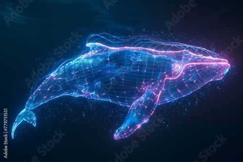 Glowing wireframe visualization of a majestic whale against a translucent background  evoking underwater serenity and awe