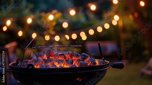 Glowing coals of the barbecue under the nights mirror