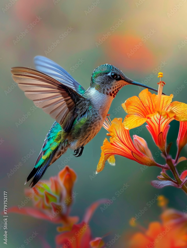 Fototapeta premium hummingbird hovering near a brightly colored flower, its iridescent feathers shimmering in the sunlight