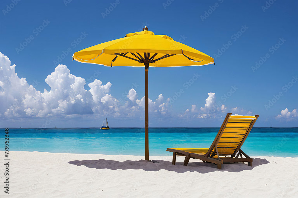 Perfect Beach Scene: White Sand, Clear Sea, Blue Sky, Two Beach Chairs Under a Yellow Umbrella