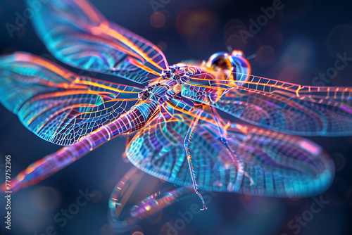 Glowing wireframe visualization of a graceful dragonfly against a translucent backdrop, showcasing intricate beauty and ethereal char © River Girl