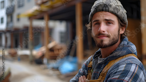 Confident construction worker posing at the building site. Portrait of a smiling contractor with a beard in work attire. Construction industry and manual labor concept for design and print