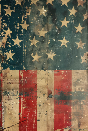 American flag and stars, vintage style, faded